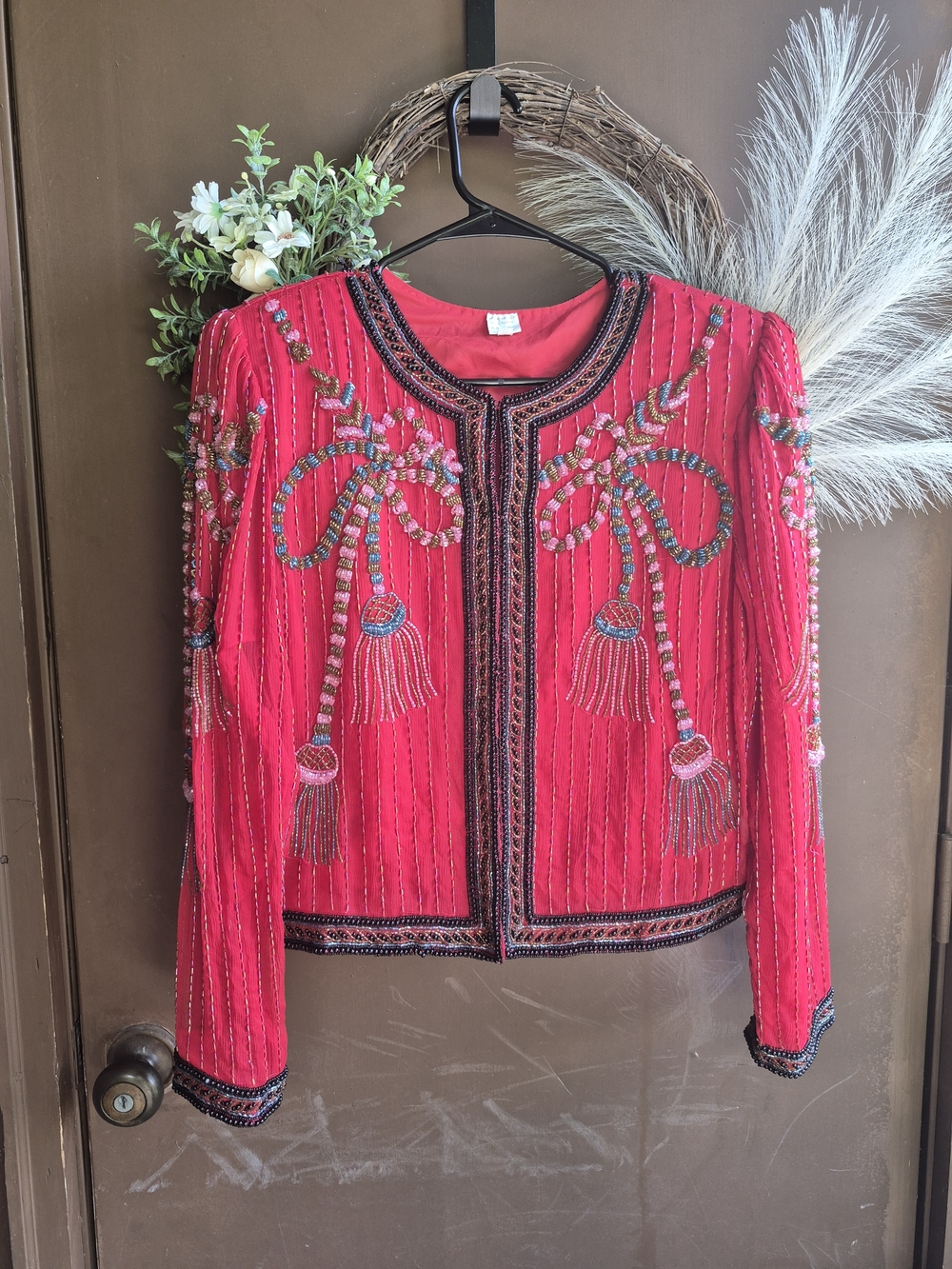 Laurence Kazar Beaded Red Silk Shell Top with Black Embellishment